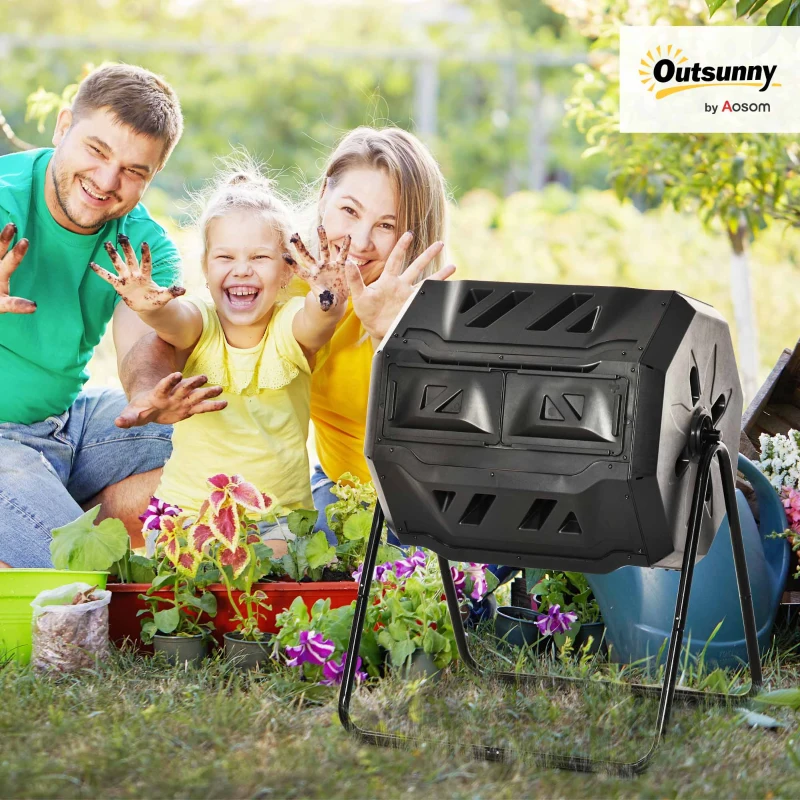 Outsunny Garden Composter - Compost Bin for Waste - 360° Rotating - Double Chamber 160 L - Black, PP & Epoxy Steel
