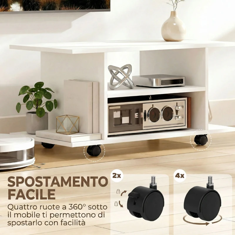 HOMCOM Mobile Porta TV Moderno con Ripiani, Ruote Girevoli e Freni, 80x40x40 cm, Bianco