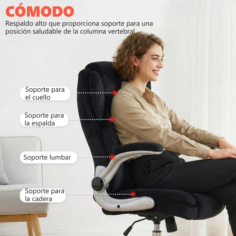 HOMCOM Silla de escritorio Ergonómica con Respaldo Alto Reposabrazos Abatibles Asiento con Muelles Altura Ajustable Negro