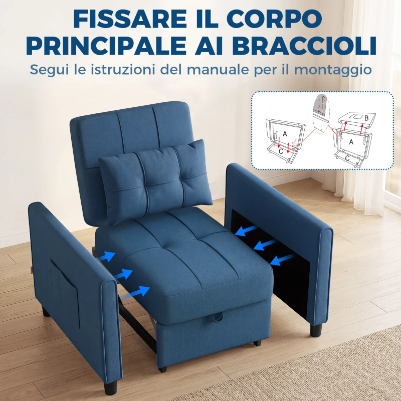 HOMCOM Poltrona Letto Pieghevole con Schienale Regolabile e Cuscino, Blu