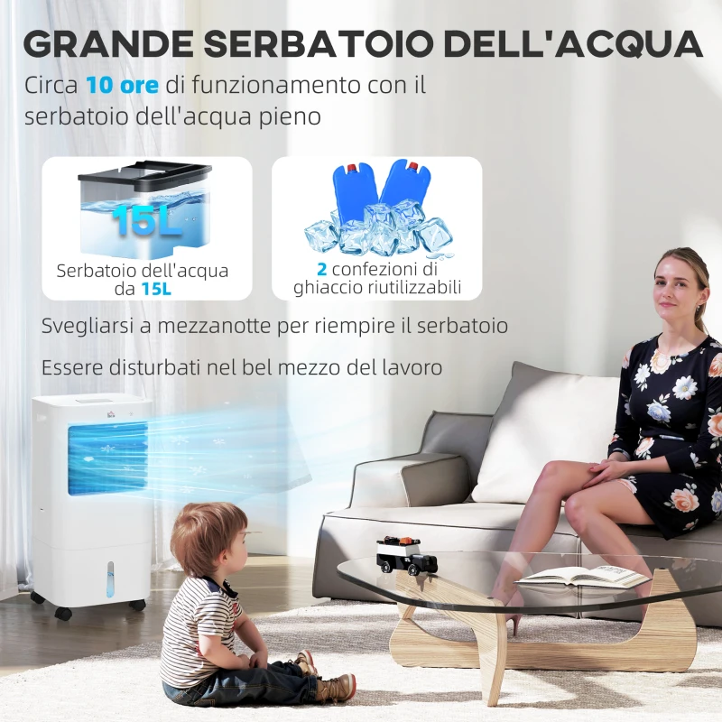 HOMCOM Raffrescatore Evaporativo e Ventilatore con Ghiaccio 3 in 1 a 3 Velocità con Timer, 32x37x74 cm, Bianco