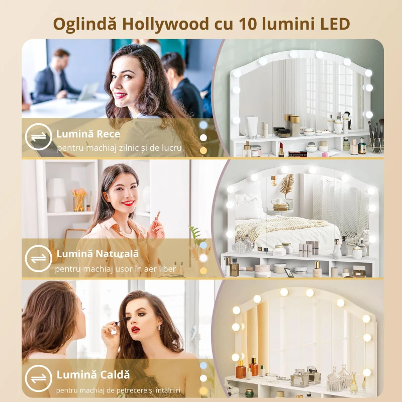 HOMCOM Masă de machiaj cu 10 becuri LED Hollywood, oglindă, 7 sertare, 3 compartimente, MDF, Alb
