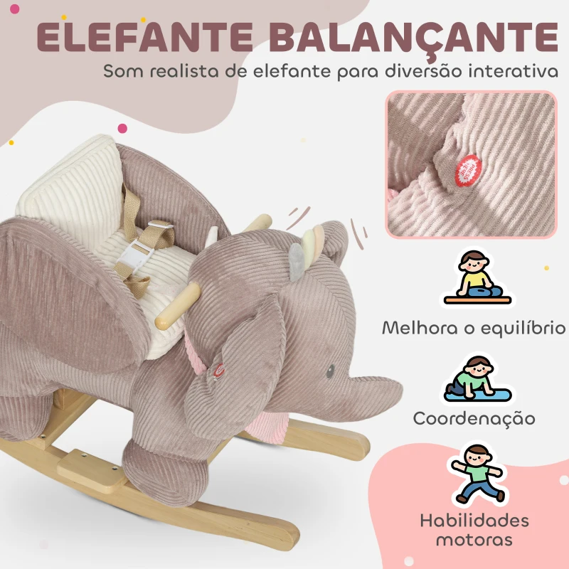 AIYAPLAY Cavalo Baloiço para Bebés com Som de Elefante e Cinto de Segurança de 3 Pontos Base em Madeira de Álamo 65x35x50 cm Castanho