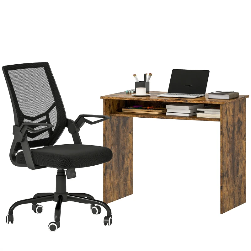 HOMCOM Modern Home Office Furniture Set, Computer Desk with Storage Shelf and Ergonomic Mesh Chair with Flip-Up Armrests, Lumbar Support, Adjustable Height, Rustic Brown and Black