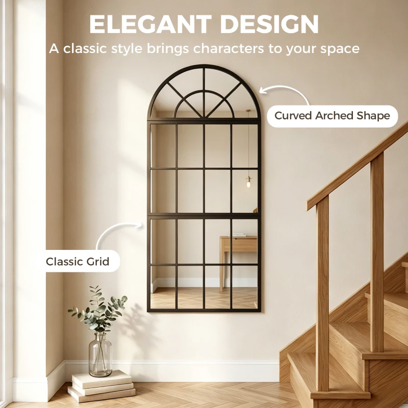 HOMCOM Large Arched Wall Mirror with Metal Grid, 3-Piece Split Window Mirrors, 120 x 54 cm, Black