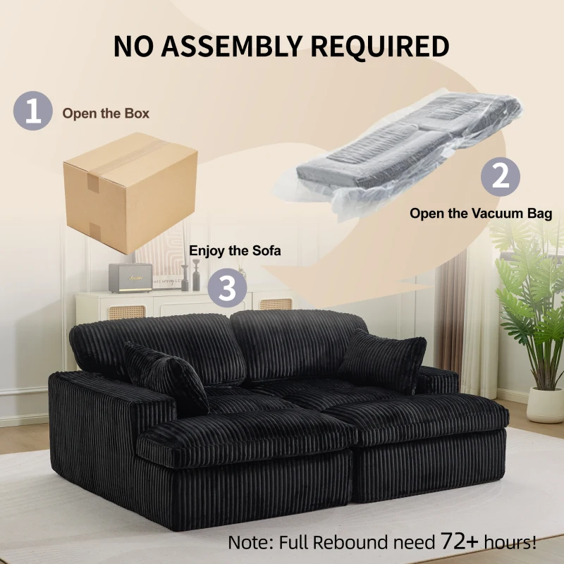 Doppelter Chaiselongue-Sessel für den Innenbereich, übergroße gepolsterte Cloud-Schlafcouch, luxuriöses Schlafsofa mit tiefem Sitz, geteiltes Chaiselongue-Sofa, Lesesessel aus Cord für das Wohnzimmer, kein Zusammenbau erforderlich, schwarz