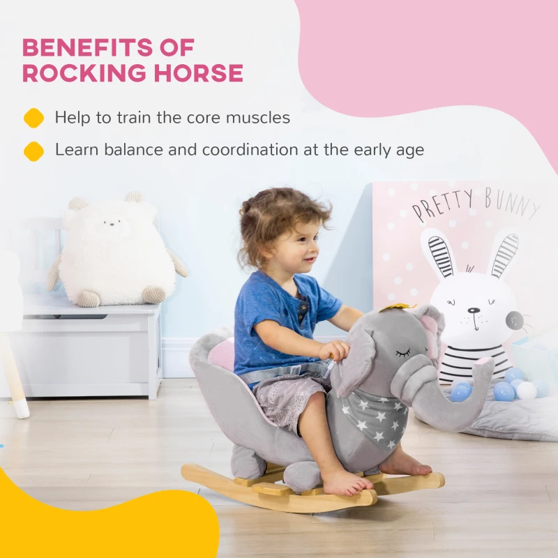 HOMCOM Kids Elephant-Designed Rocking Horse, with Safety Belt, Wooden Base, for Ages 18-36 Months - Grey