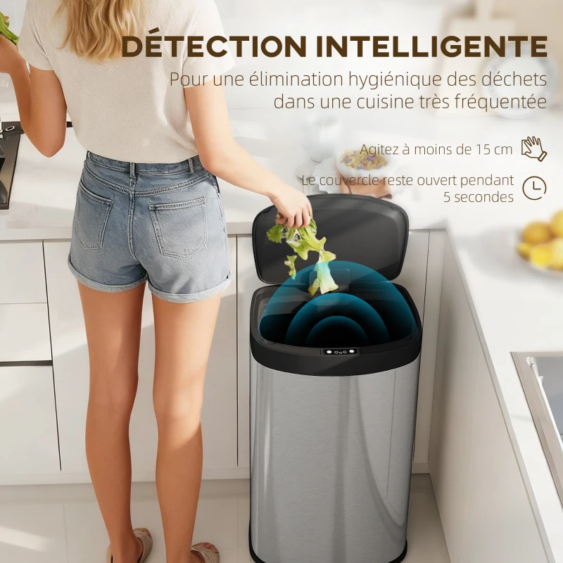 HOMCOM Poubelle cuisine automatique 55L en acier inoxydable, poubelle à couvercle à fermeture en douceur, 38x28,5x69cm, argent