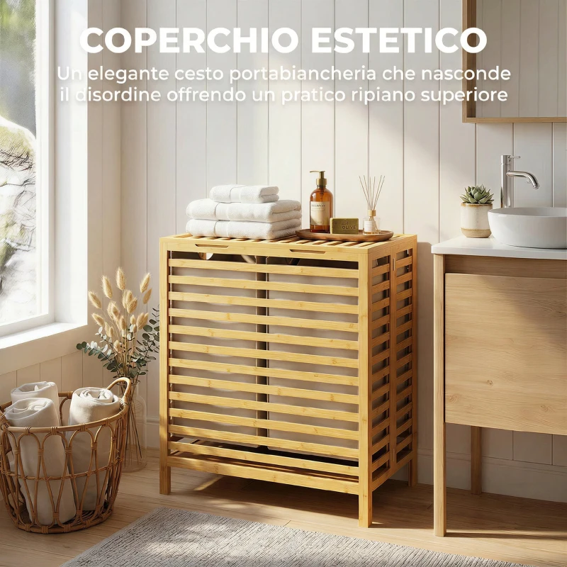 HOMCOM Cesto Portabiancheria in Bambù 64L con Coperchio, 2 Sacche in Tessuto Oxford Rimovibili e Lavabili, Color Legno