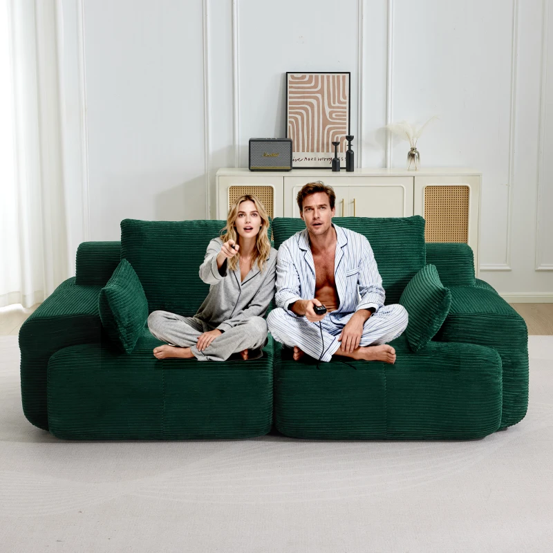 Modernes Sofa aus komprimiertem Memory-Schaum, 2-Sitzer, große Sofagarnitur für das Wohnzimmer, haustierfreundliches modulares Sofagarnitur Cloud, Cordstoff, extra tiefes Sofa, kein Zusammenbau erforderlich, Grün