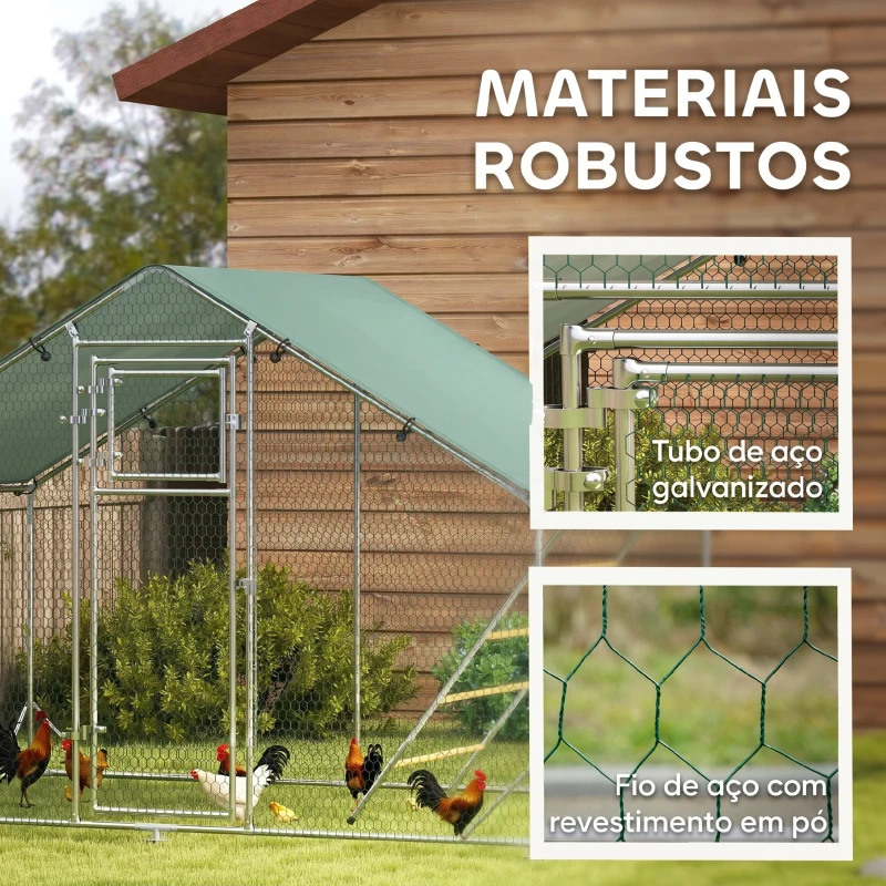 PawHut Galinheiro para Exterior 3x2 m Galinheiro de Aço Galvanizado com Comedouro Suspenso Tipo Espeto Poleiro Anti-UV Prata