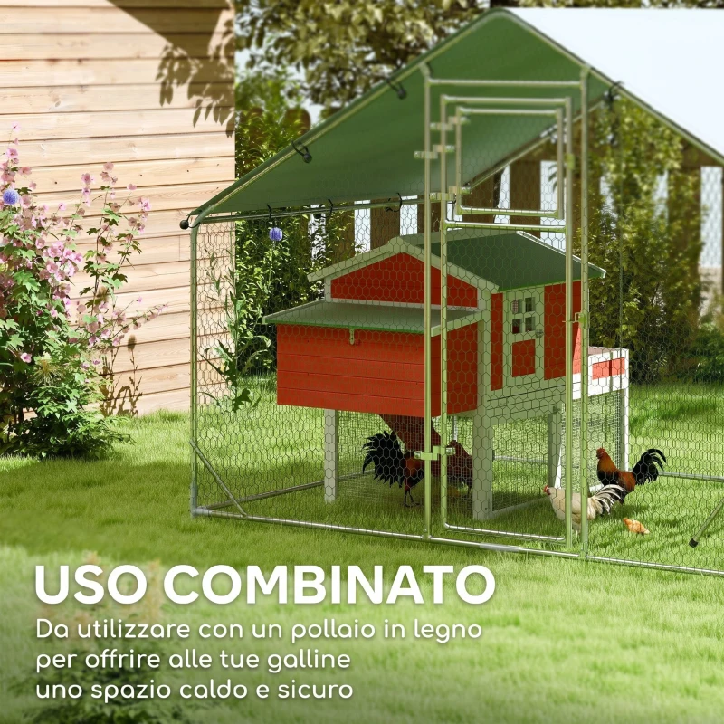 PawHut Recinto per Galline da 6m² per 6-8 Animali con Tetto Impermeabile, Mangiatoia e Posatoio, 3x2x1.9m, Argento