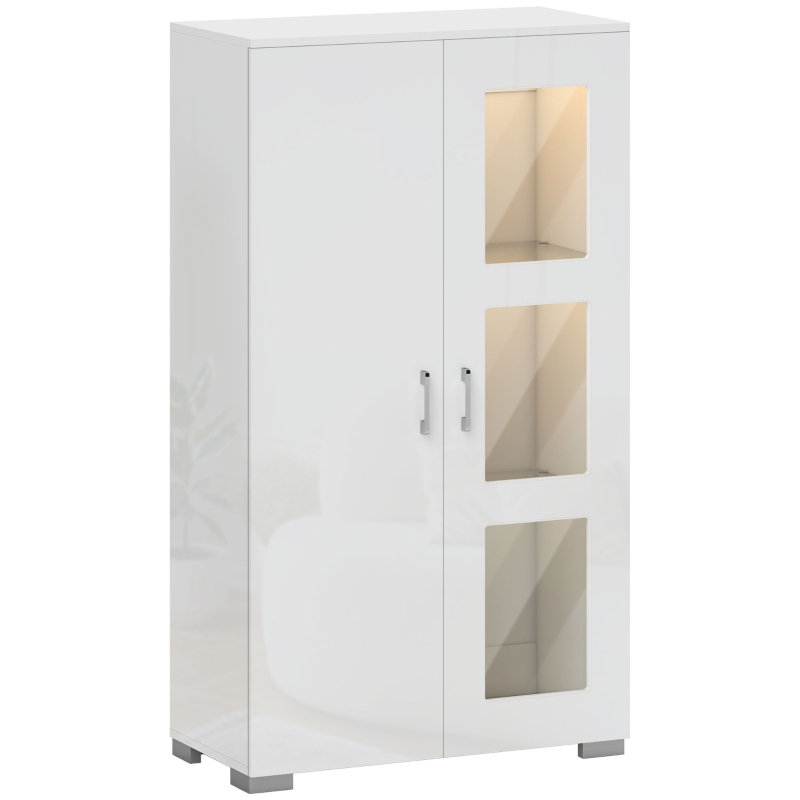 HOMCOM Buffet avec LED RGB 16 couleurs et télécommande, haute brillance, portes vitrées, étagères en verre, 71x35x126cm, blanc