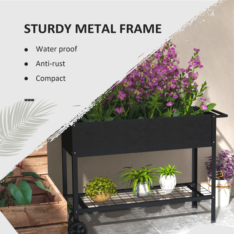 Outsunny Raised Garden Planter on Legs dim. 109L x 39l x 80H cm Shelf 2 Wheels + Irrigation Insert Metal Black