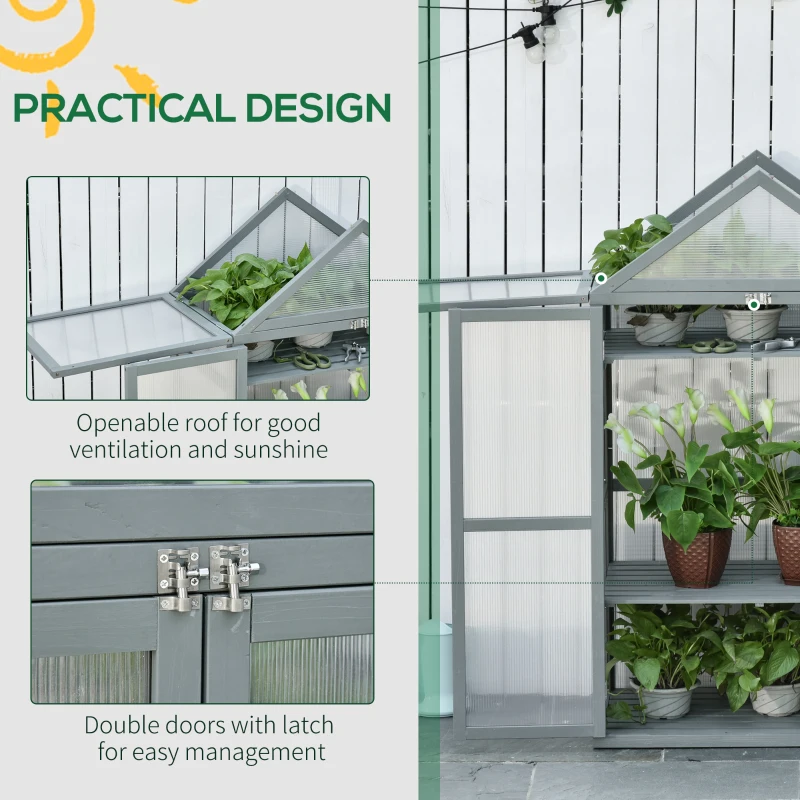 Outsunny 80 x 47 x 138 cm Polycarbonate Greenhouse with Adjustable Shelves Double Doors Openable Top Covers Garden for Flower Vegetable Plants Grey