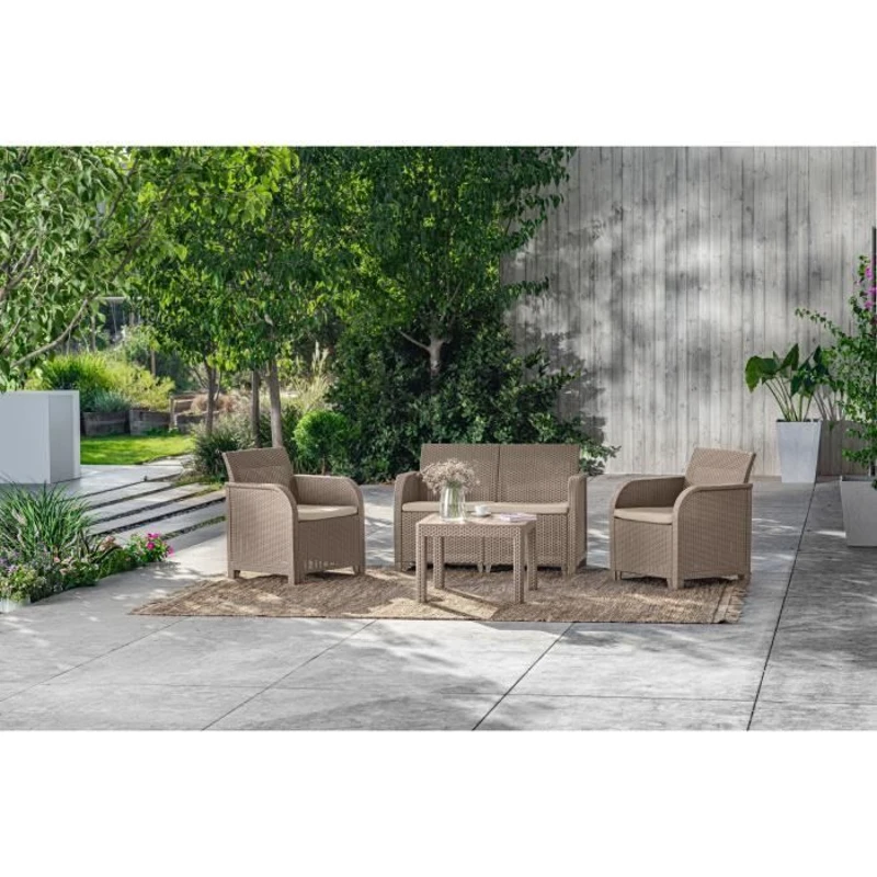 Salon de jardin - en résine imitation rotin tressé - Allibert by KETER - 4 personnes - SanRemo - Cappuccino