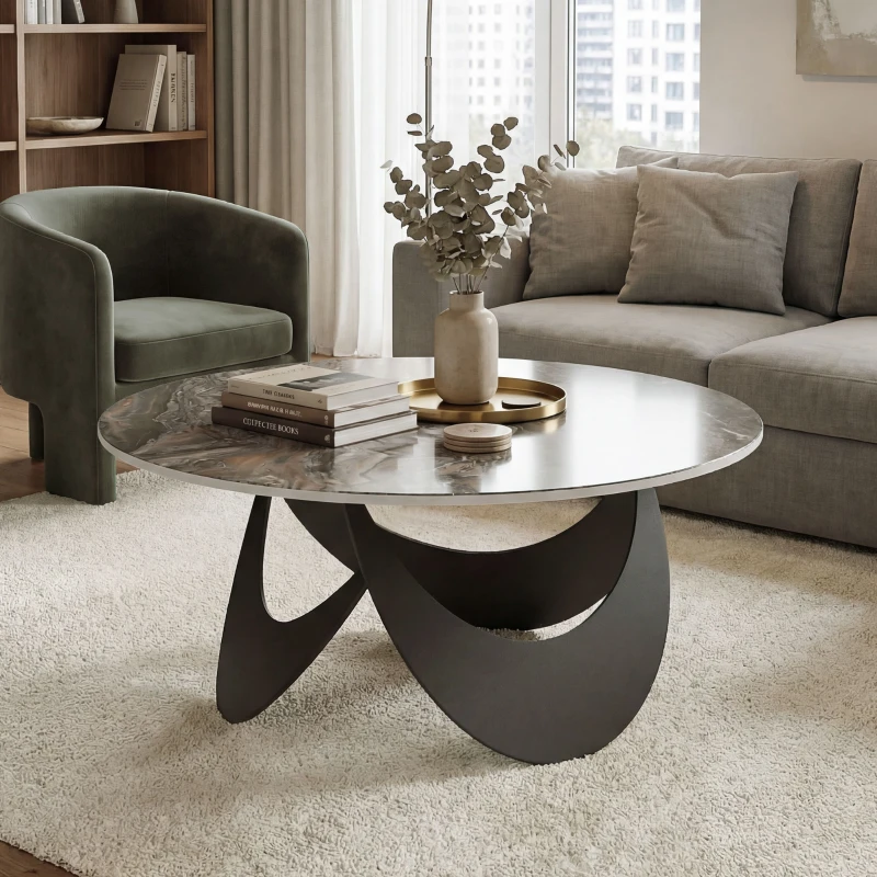 HOMCOM Coffee Table Sintered Stone Top Adjustable Foot Pads Modern Centre Table for Living Room Brown and Black