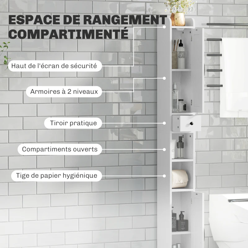 HOMCOM Armoire salle de bain haute, meuble de rangement colonne, 2 portes, tiroir, étagères réglables, 20x20x185cm, blanc
