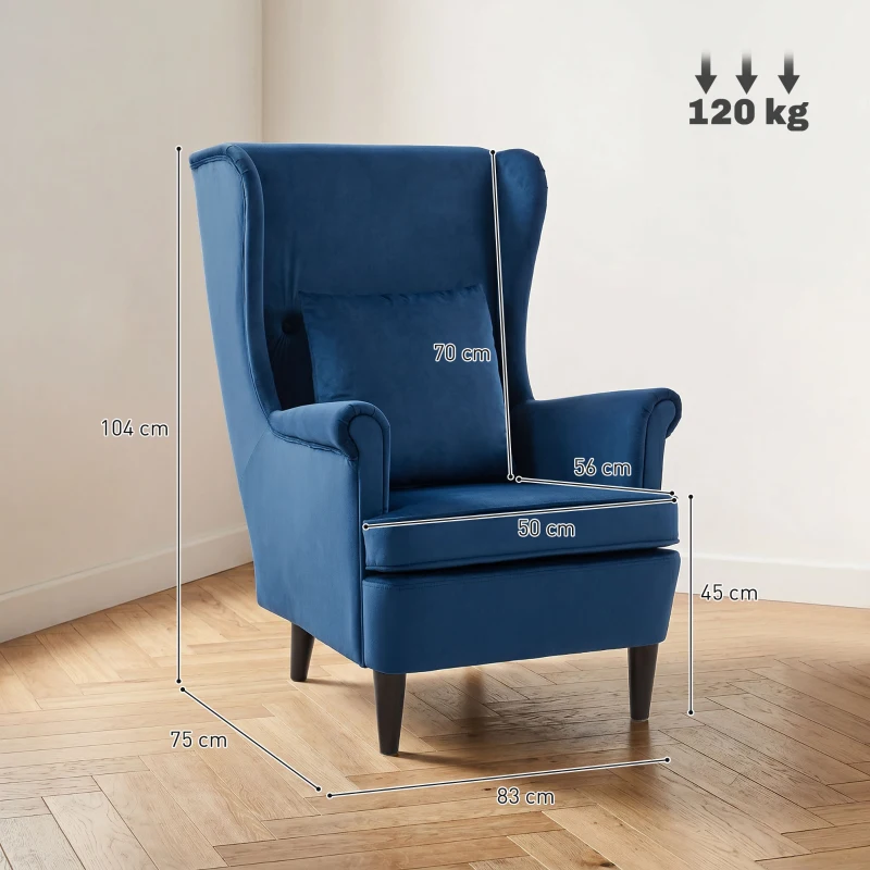HOMCOM Modern Accent Chair with High Backrest and Pillow, Velvet-Feel Fabric Reading Chair with Solid Wood Legs, Blue