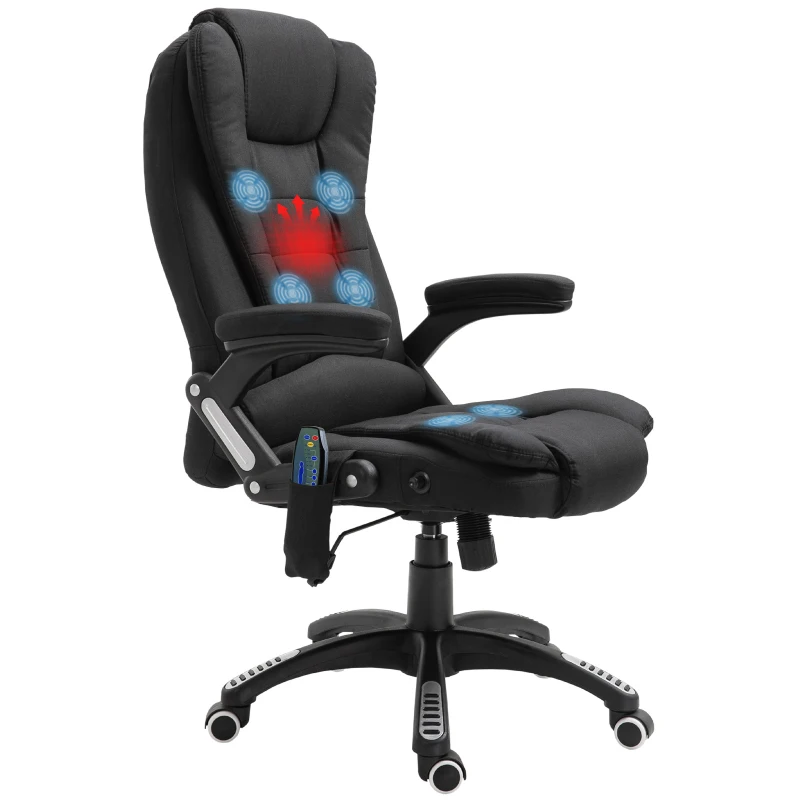 Vinsetto Fauteuil de bureau massant et chauffant, chaise de bureau, chaise ergonomique avec hauteur réglable, dossier inclinable et télécommande filaire, pivotant à 360° tissu en polyester noir
