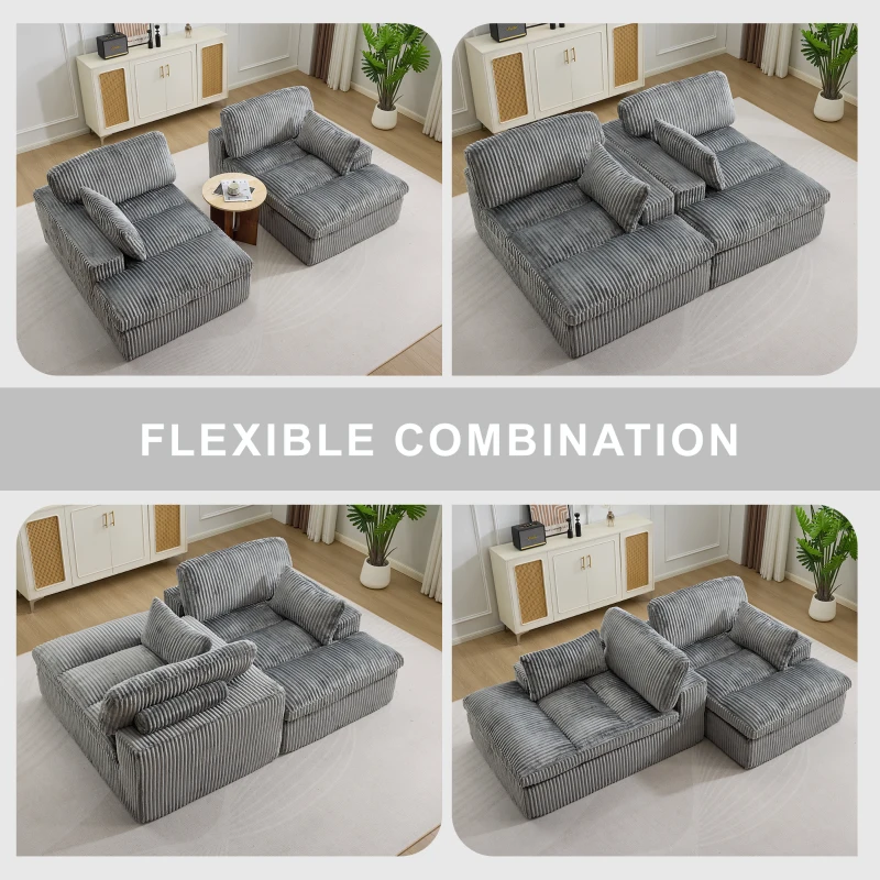 Doppelter Chaiselongue-Sessel für den Innenbereich, übergroße gepolsterte Cloud-Schlafcouch, luxuriöses Schlafsofa mit tiefem Sitz, Sofa-Chaiselongue mit Anbausofa, Lesesessel aus Cord für das Wohnzimmer, keine Montage erforderlich, grau