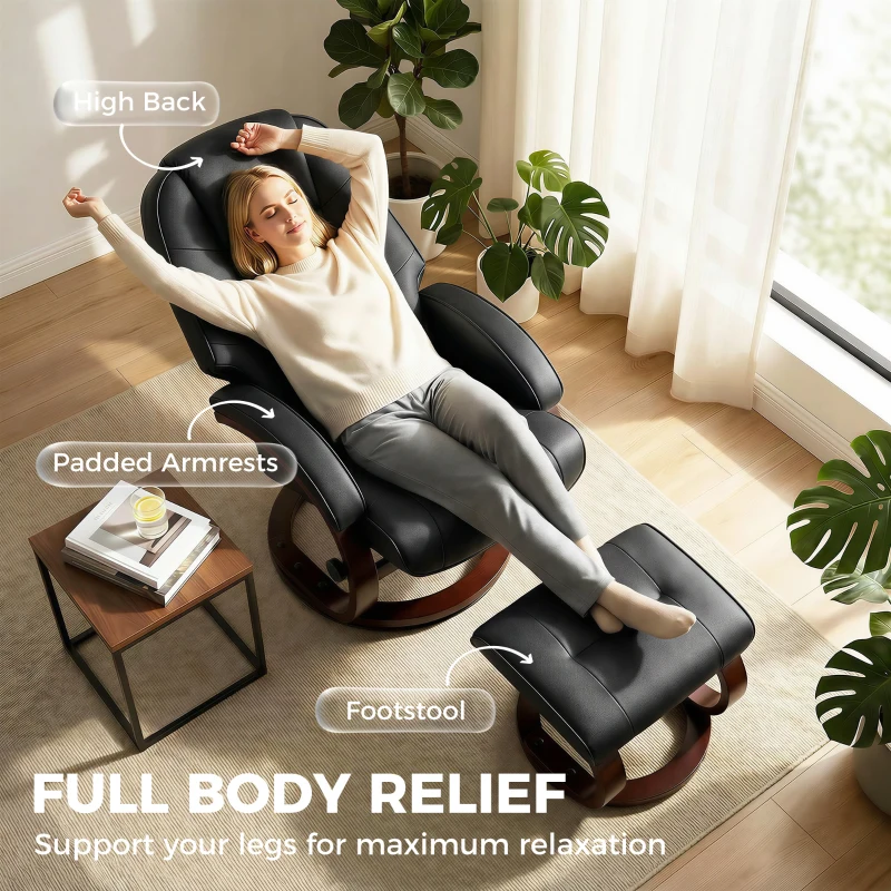 HOMCOM Swivel Recliner Chair with Footstool, PU Leather Recliner Armchair with Adjustable Back and Wood Frame, Black