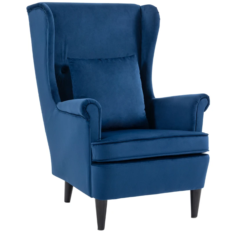 HOMCOM Modern Accent Chair with High Backrest and Pillow, Velvet-Feel Fabric Reading Chair with Solid Wood Legs, Blue