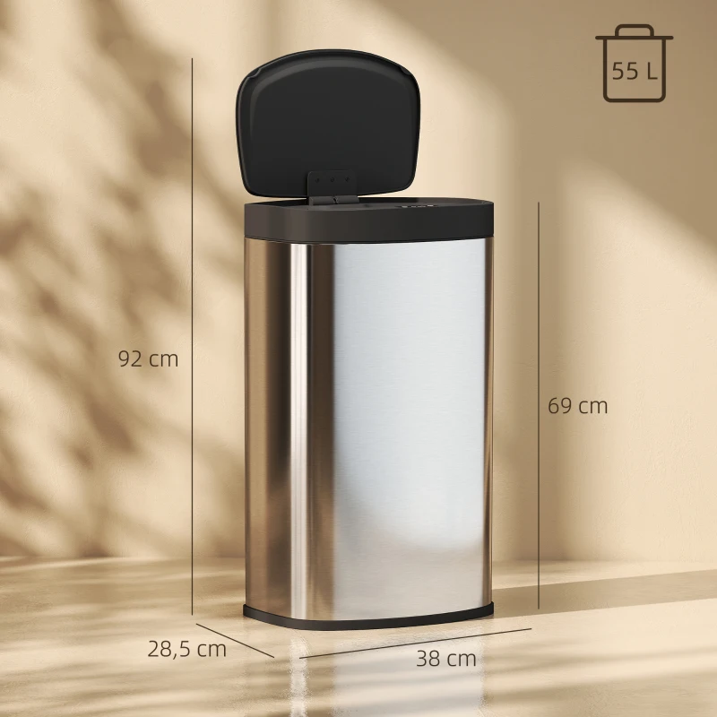 HOMCOM Poubelle cuisine automatique 55L en acier inoxydable, poubelle à couvercle à fermeture en douceur, 38x28,5x69cm, argent