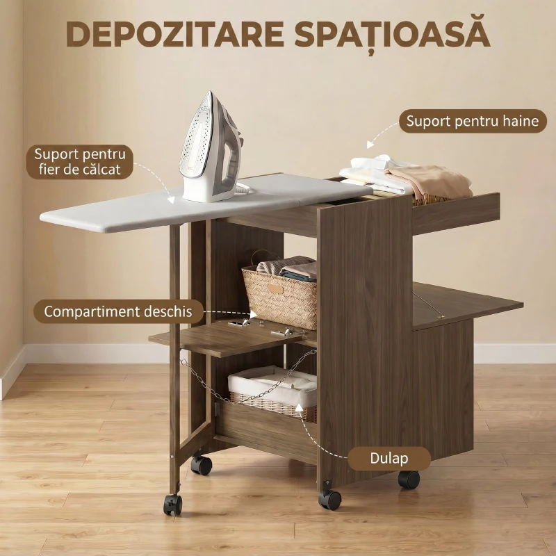 HOMCOM Dulap Masă de Călcat Pliabil cu Roți și Suport pentru Fier de Călcat, Dulap Multifuncțional cu Rafturi, Compartiment Deschis, pentru Spălătorie, Baie, 154x55x87 cm, Maro
