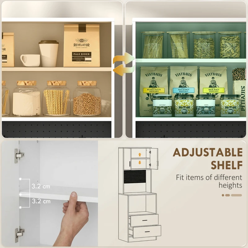 HOMCOM Dulap pentru Microunde cu Dulap, Blat de Lucru, Mobilă de Bucătărie cu 2 Sertare, Panou Metalic, 4 Cârlige, Raft Reglabil pentru Bucătărie, Sală de Masă, Living, Alb