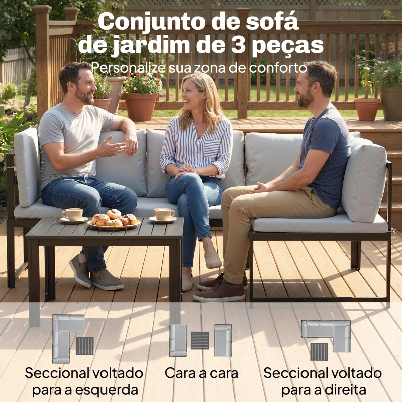 Outsunny Conjunto de Jardim Exterior com Almofadas, 2 Sofás de 2 Lugares com Reposabráços Ajustáveis e Mesa de Centro, Cinzento