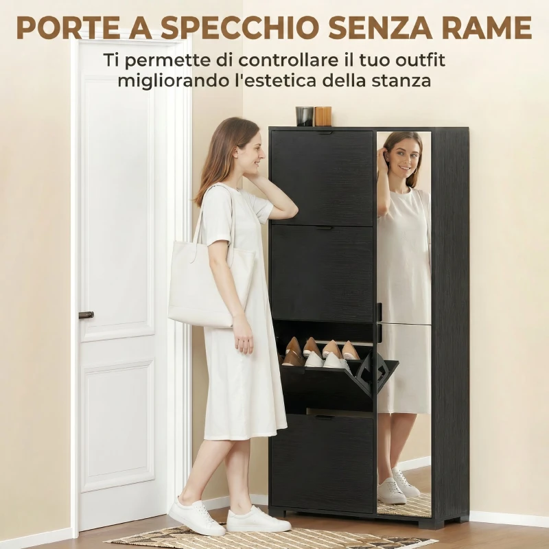 HOMCOM Scarpiera Moderna con Specchio, 4 Cassetti a Ribalta, Capacità Fino 16 Paia di Scarpe, Nero
