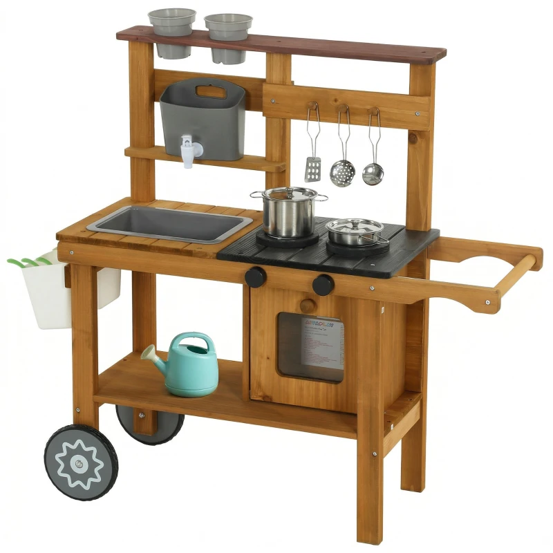 AIYAPLAY Wooden Mud Kitchen with Wheels, Stove, Faucet, Flower Pots, Stainless Steel Accessories for Toddlers 3-6, Brown