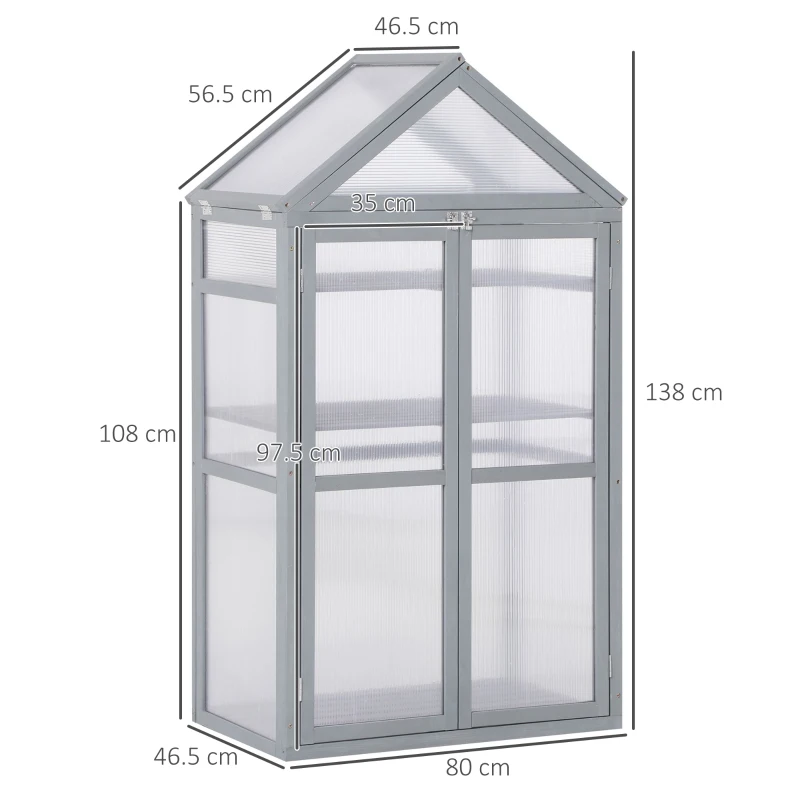 Outsunny 80 x 47 x 138 cm Polycarbonate Greenhouse with Adjustable Shelves Double Doors Openable Top Covers Garden for Flower Vegetable Plants Grey