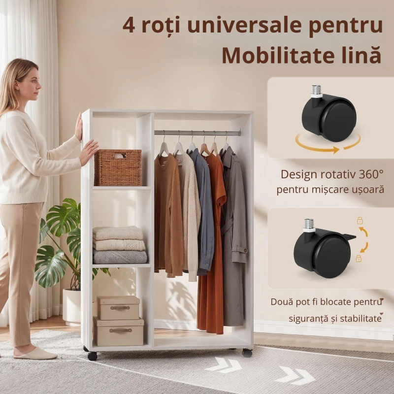 HOMCOM Garderobă pe roți, garderobă mobilă, cameră de haine, șipcă rulantă, 80 x 40 x 128 cm, Alb