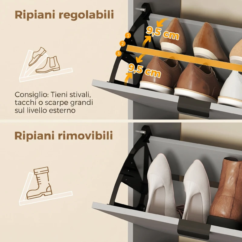 HOMCOM Scarpiera con Specchio, 4 Cassetti Ribalta, Scarpiera Ingresso, Grigio