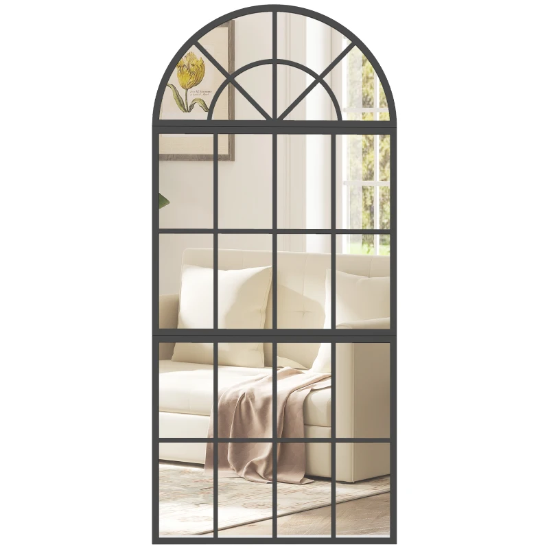HOMCOM Large Arched Wall Mirror with Metal Grid, 3-Piece Split Window Mirrors, 120 x 54 cm, Black