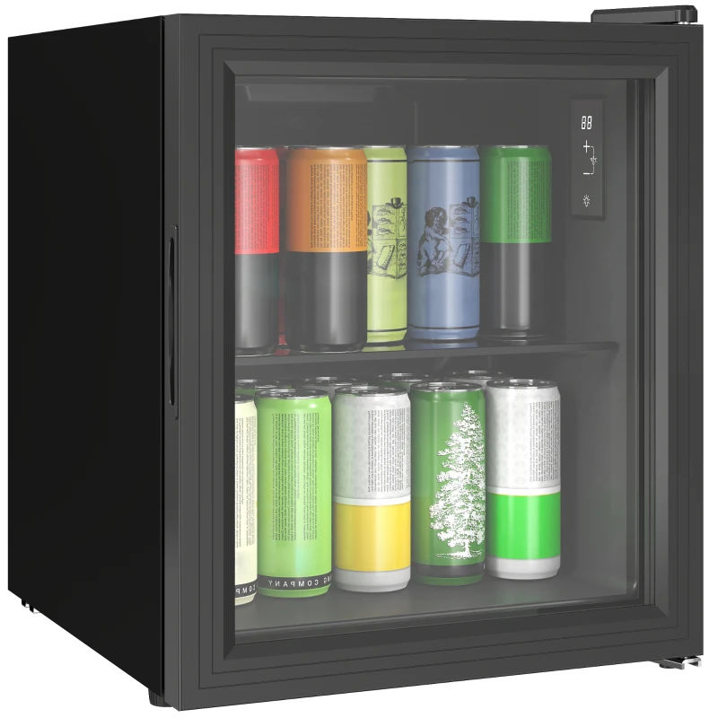 HOMCOM Frigider 46L, 59 Cutii, Ușă din Sticlă, Raft Temperat, LED, Touchscreen, pentru Bucătărie Birou Dormitor Bar, Negru
