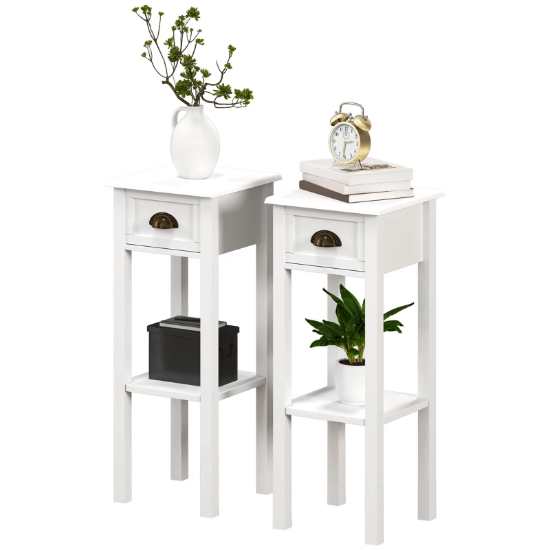 HOMCOM Juego de 2 Mesas Auxiliares Mesitas de Noche con Cajón y Estante de Almacenamiento para Dormitorio 30x30x75 cm Blanco
