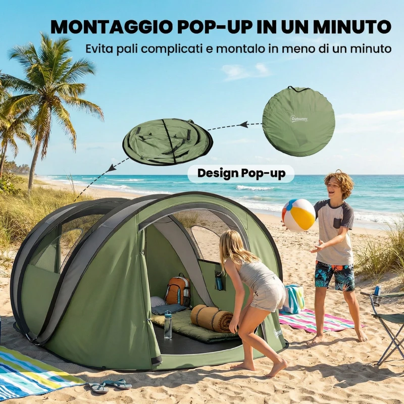 Outsunny Tenda da Campeggio Pop-Up per 2-3 Persone, 2 Porte, 2 Finestre, Impermeabile, Verde