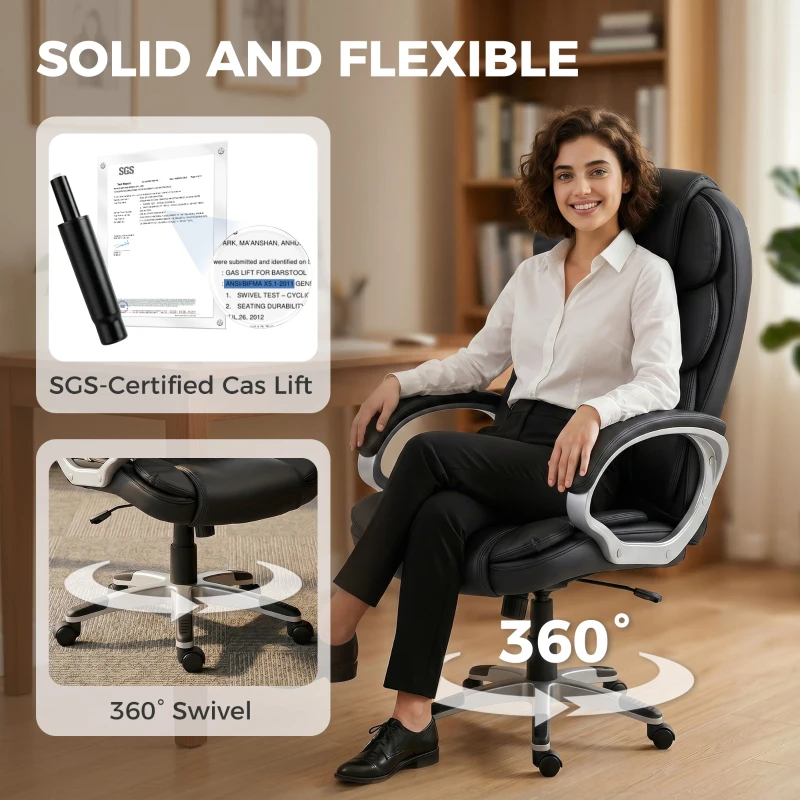 HOMCOM Scaun Birou Ergonomic Rotativ din Piele PU, Funcție Legănare, Înălțime Reglabilă, Capacitate 120kg, Negru