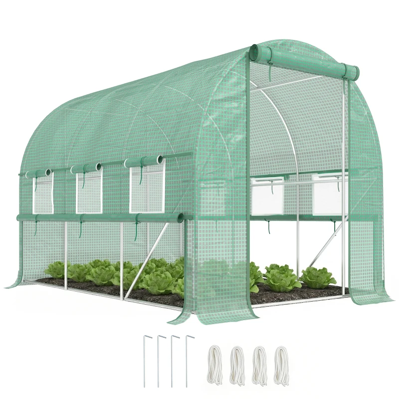 Outsunny Serre de jardin tunnel serre tunnel 6 m² avec 6 fenêtres porte enroulable toile PE structure en acier galvanisé vert