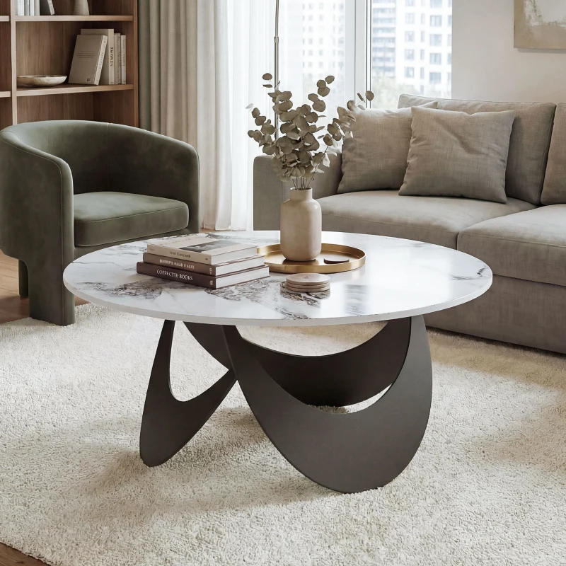 HOMCOM Coffee Table Sintered Stone Top Adjustable Foot Pads Modern Centre Table for Living Room White and Black