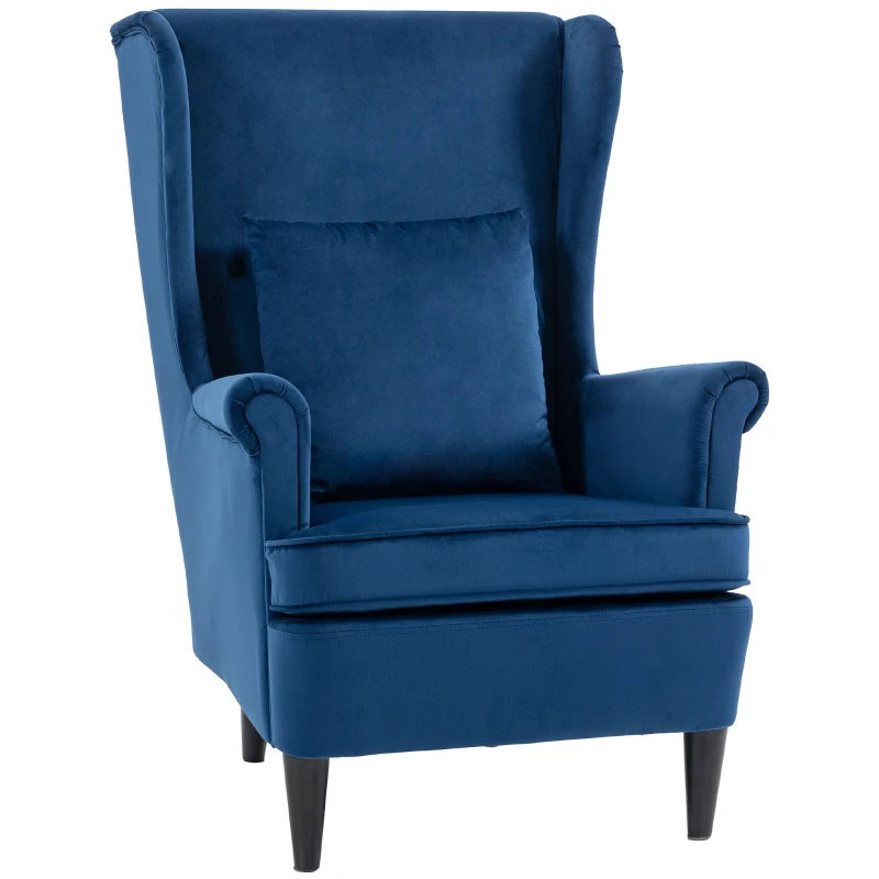 HOMCOM Modern Accent Chair with High Backrest and Pillow, Velvet-Feel Fabric Reading Chair with Solid Wood Legs, Blue