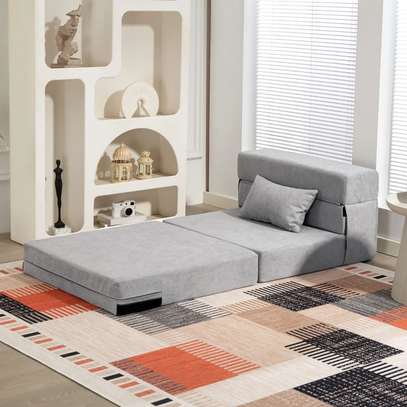 HOMCOM Sofa la sol, canapea tapițată, transformabilă în saltea, spumă, pernă, Gri deschis