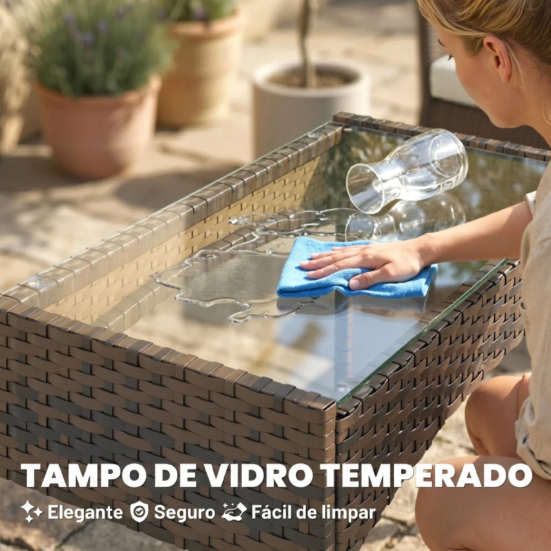 Outsunny Conjunto de Jardim em Vime com Almofadas Móveis de Exterior com 2 Poltronas Sofá de 2 Lugares Mesa com Vidro Marrom e Bege