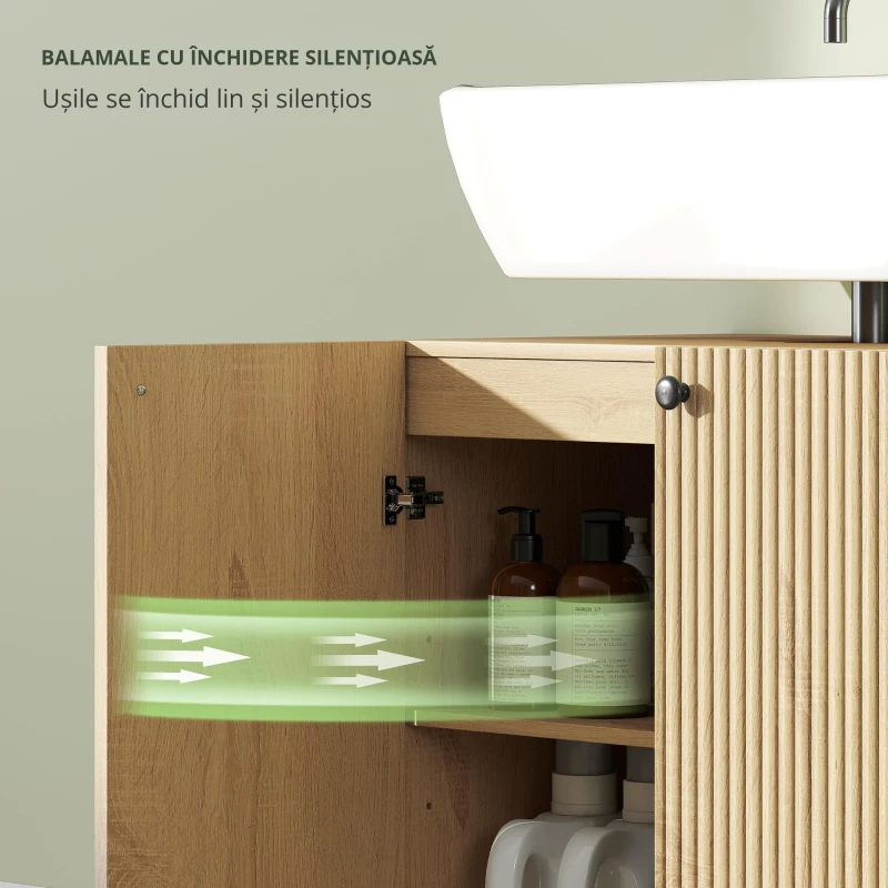 HOMCOM Dulap sub lavoar, dulap de baie 2 uși cu închidere amortizată, raft reglabil, 60x39,8x58,5cm, lemn natural