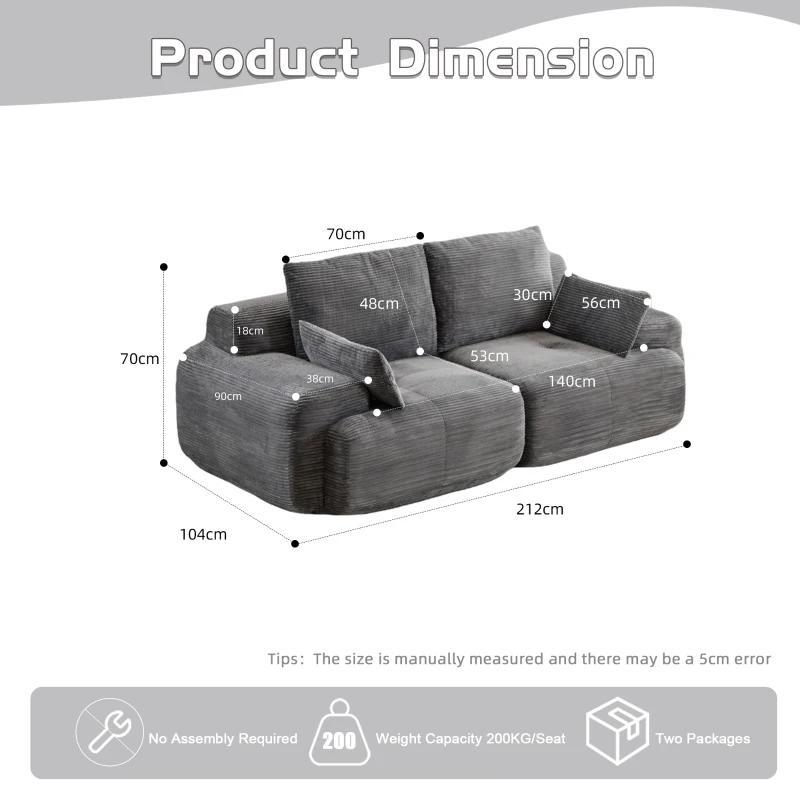 Modernes Sofa aus komprimiertem Memory-Schaum, 2-Sitzer, große Sofagarnitur für das Wohnzimmer, haustierfreundliches modulares Sofagarnitur Cloud, Cordstoff, extra tiefes Sofa, kein Zusammenbau erforderlich, Grau
