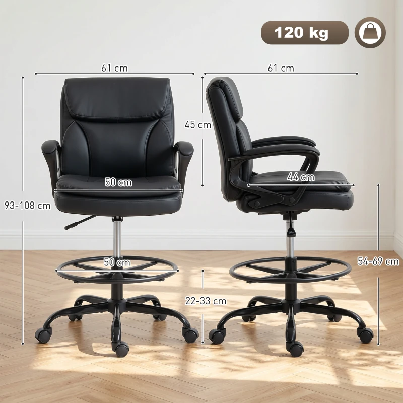 HOMCOM Sedia da Ufficio Ergonomica, Sedia da Disegno Regolabile in Altezza, Poggiapiedi Regolabile, 61x61x108 cm, Nero