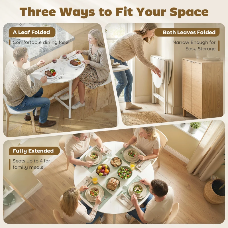 HOMCOM Collapsible Drop Leaf Table, Folding Dining Table for Small Spaces, Extendable Kitchen Table with Steel Frame, White